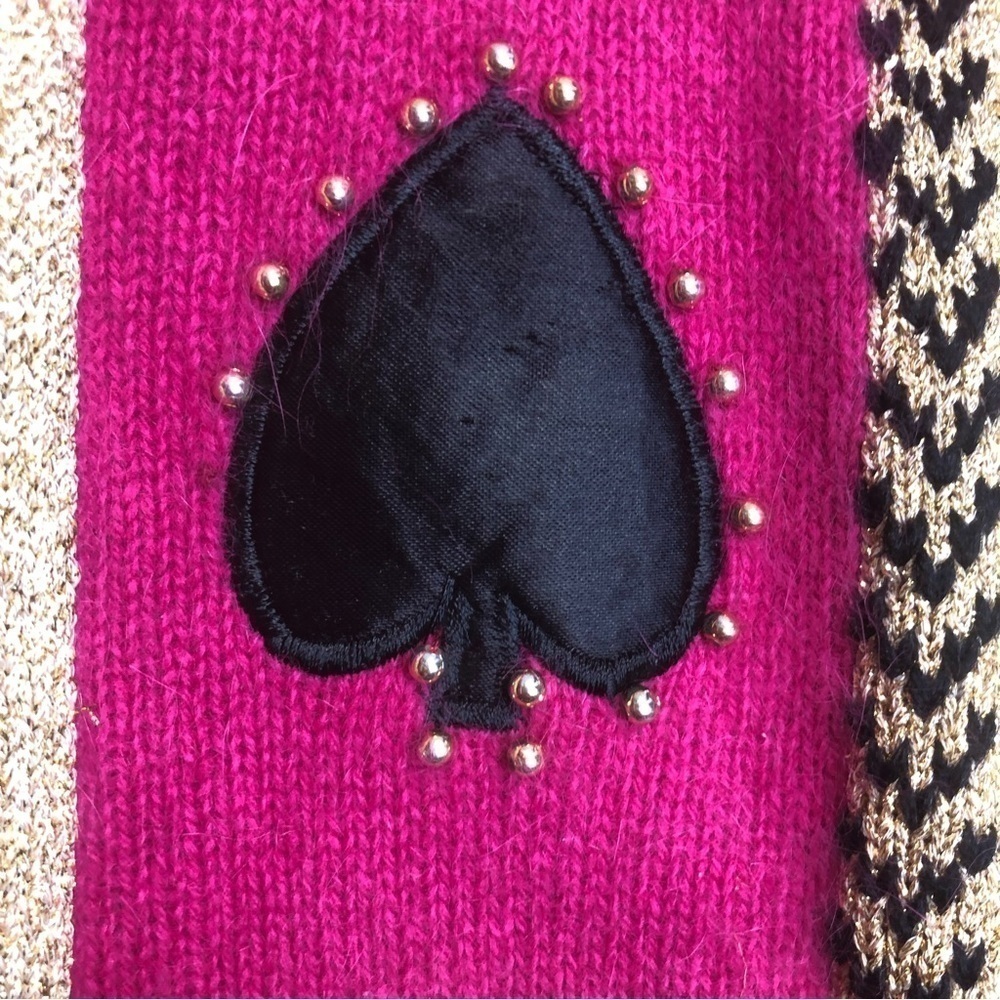 Vintage Wool Angora Patchwork Card Suits Beaded Mock Neck Sweater, size 40 (M/L) - Picture 5 of 10